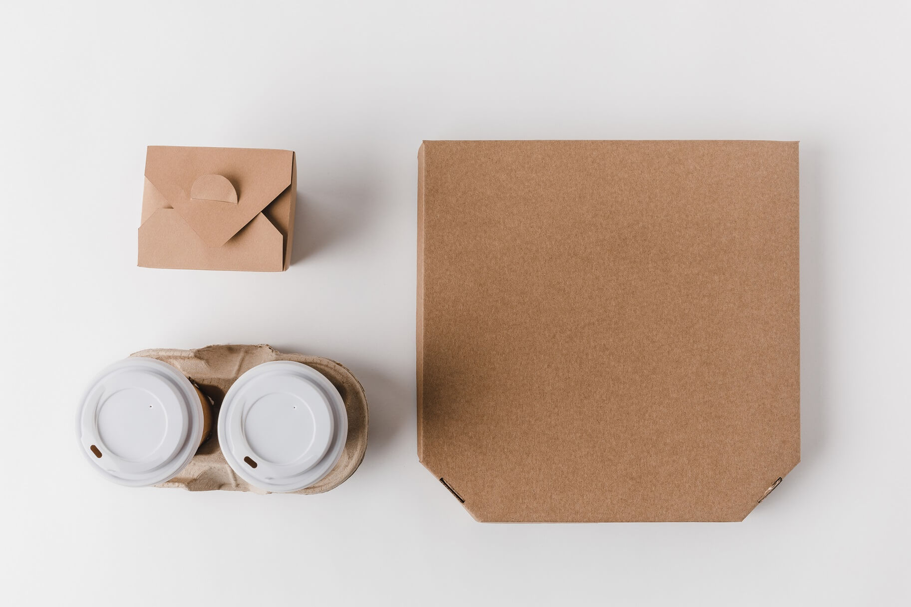 Top View Of Pizza Box And Disposable Coffee Cups W A6BKGET